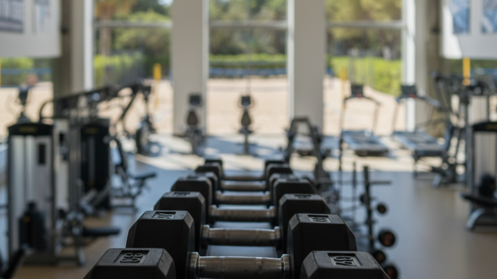 Hanteln in einem Kraftraum, im Hintergrund ist ein Beachfeld zu sehen.