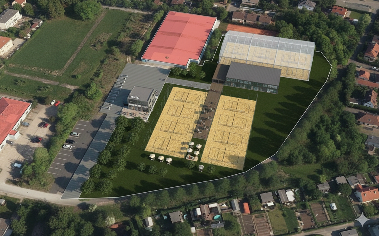 Auf dem Bild sieht man einen Entwurf des Beachcampus mit 8 Outdoor-Feldern und der Beachhalle.